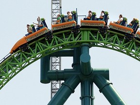 Riders reach the summit of the "Kingda Ka" roller coaster in this May 19, 2005 file photo at Six Flags amusement park in Jackson, New Jersey. (STAN HONDA/AFP/Getty Images)