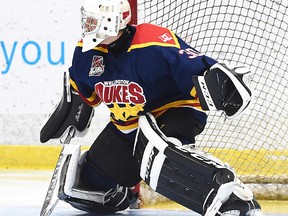 Jonah Capriotti posted the shutout for the Wellington Dukes in a 1-0 win at Newmarket Thursday night. (Andy Corneau/OJHL Images)