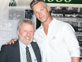 Former Canadian World Cup rugby player, Morgan Williams, with his former Albert College coach, Colin Gulliver, during recent AC Wall of Honour induction ceremonies at the Belleville school. (Submitted photo)