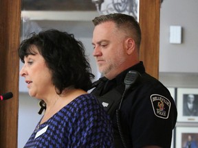 BRUCE BELL/THE INTELLIGENCER
Alzheimer Society executive director Maureen Corrigan and Const. Mark Hall appeared before the Belleville Police Services board this week, outlining Project Lifesaver.