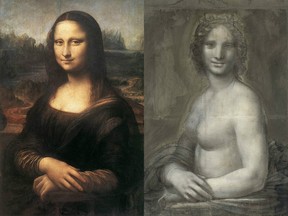Could the charcoal sketch of a woman’s face and nude torso, right, be an unclothed precursor to the Mona Lisa? (Handout photos)