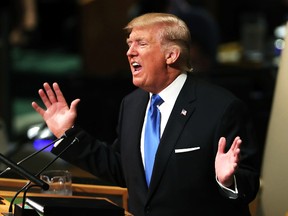 NEW YORK, NY - SEPTEMBER 19:  President Donald Trump speaks to world leaders at the 72nd United Nations (UN) General Assembly at UN headquarters in New York on September 19, 2017 in New York City. This is Trump's first appearance at the General Assembly where he addressed threats from Iran and North Korea among other global concerns.  (Photo by Spencer Platt/Getty Images)