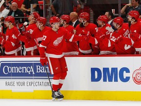 Detroit Red Wings centre Michael Rasmussen celebrates his goal against the Pittsburgh Penguins during NHL pre-season action on Sept. 25, 2017. (AP Photo/Paul Sancya)