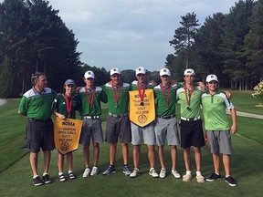 Lockerby's Hannah Nykilchyk captured the overall girls title at NOSSA golf in Blind River earlier this week, while also helping her team also win a banner. The Lockerby boys' team, composed of Emmett Taillefer, Ryder Johnston, Alex Runciman, Julian Simeoni and Tristan Renaud, also brought home a NOSSA team banner. Renaud also had the lowest score of the day, shooting a 67 and capturing the overall boys' title. The golfers are preparing for OFSAA on Oct. 10. Photo supplied