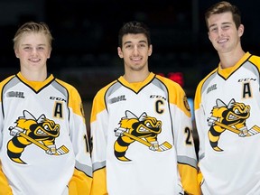 Drake Rymsha, left, Jordan Kyrou and Connor Schlichting were named the Sarnia Sting captains Friday. (METCALFE PHOTOGRAPHY/Courtesy of Sarnia Sting)