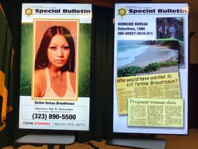 Special Bulletin posters are seen as Los Angeles County Sheriff Jim McDonnell discusses the arrest of a man on suspicion of killing a pregnant woman whose nude body was found on a beach in 1980, at a news conference in downtown Los Angeles Friday, Sept. 29, 2017. (AP Photo/Michael Balsamo)