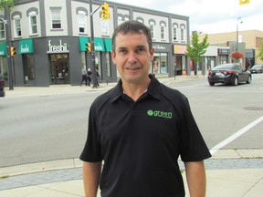 Kevin Shaw, a high school math teacher from Petrolia, stands next to Christina Street in Sarnia Friday, outside the meeting where he was officially nominated as the Green party candidate in June's provincial election. Shaw also ran for the party in 2014.
 Paul Morden/Sarnia Observer/Postmedia Network