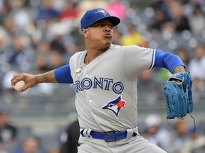 Blue Jays pitcher Marcus Stroman delivers to the Yankees during first inning MLB action at Yankee Stadium in New York on Saturday, Sept.30, 2017. (Bill Kostroun/AP Photo)