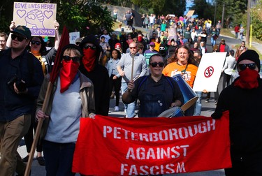 Members of Peterborough Against Fascism march during a white supremacy demonstration on Saturday September 30, 2017 in Peterborough, Ont. CLIFFORD SKARSTEDT/PETERBOROUGH EXAMINER/POSTMEDIA NETWORK