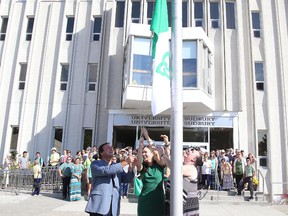 The annual flag raising ceremony hosted by the University of Sudbury and ACFO du grand Sudbury to celebrate Franco-Ontarian Day was held in Sudbury, Ont. on Monday September 25, 2017. The event also marked the unveiling of a provincial plaque to commemorate the Franco-Ontarian flag. Gino Donato/Sudbury Star/Postmedia Network