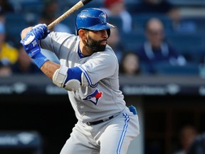 Blue Jays designated hitter Jose Bautista sets up during fourth inning MLB action against the Yankees in New York on Sunday, Oct. 1, 2017. (Kathy Willens/AP Photo)