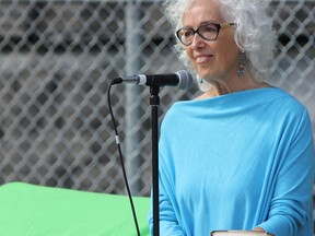 Merilyn Simonds, author of the book The Convict Lover, speaks at a ceremony at Garrigan Park on the weekend. A new plaque honouring The Convict Lover was installed by Project Bookmark Canada at the park. (Steph Crosier/The Whig-Standard).