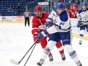 Noah Carroll of the Soo Greyhounds and Cole Candella of the Sudbury Wolves fight for the puck during OHL in Sudbury, Ont. on Sunday October 1, 2017. Gino Donato/Sudbury Star/Postmedia Network