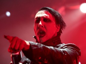 Marilyn Manson's representative said Saturday that the singer was injured in a mishap on stage during a New York City performance and taken to a hospital. (Owen Sweeney/Invision/AP/Files)