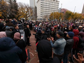 Mayor Don Iveson speaks during the Stand Together Against Violence in Solidarity with EPS vigil organized by Alberta Muslim Public Affairs Council at Churchill Square in Edmonton, Alberta after a police officer and four bystanders were injured in a terrorist attack on Sunday, October 1, 2017. Ian Kucerak / Postmedia