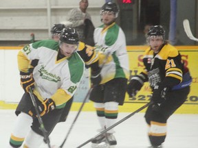 Huron East Centenaires managed to walk away victorious in their season opener in Seaforth last Sunday against the Tillsonburg Thunder. The Cents won 6-4 after initially being down by three goals in the first period. (Expositor file photo taken by Shaun Gregory last year)