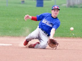 Second baseman Jake Monden of Mitchell District High School (MDHS) tries to corral a shallow pop fly over the pitcher’s mound during baseball action against Stratford Northwestern from their Huron-Perth game at Cooper Standard diamond last Wednesday, Sept. 27, a 10-4 victory. ANDY BADER/MITCHELL ADVOCATE