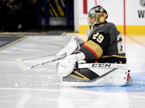 Marc-Andre Fleury of the Vegas Golden Knights warms up before a preseason game against the Colorado Avalanche at T-Mobile Arena on Sept. 28, 2017 in Las Vegas. (Ethan Miller/Getty Images)