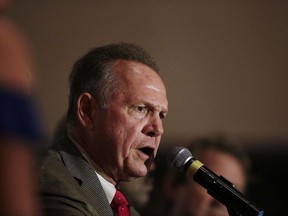 Former Alabama Chief Justice and U.S. Senate candidate Roy Moore during speaks during his election party, Tuesday, Sept. 26, 2017, in Montgomery, Ala. Moore won the Alabama Republican primary runoff for U.S. Senate on Tuesday, defeating an appointed incumbent, Sen. Luther Strange, backed by President Donald Trump and allies of Sen. Mitch McConnell. (AP Photo/Brynn Anderson)