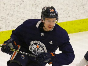 Edmonton Oilers rookie Kailer Yamamoto skates at team practice in Edmonton on October 2, 2017.