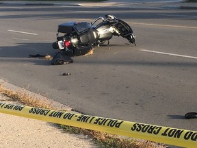 A motorcyclist was taken to hospital with unknown injuries Monday.  (MEGAN STACEY, The London Free Press)