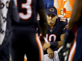 Mitchell Trubisky of the Chicago Bears sits on the sideline in the second quarter against the Green Bay Packers at Lambeau Field on Sept. 28, 2017. (Photo by Jonathan Daniel/Getty Images)