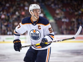 Edmonton Oilers' Connor McDavid skates during the first period of a preseason NHL hockey game against the Vancouver Canucks in Vancouver, B.C., on Saturday September 30, 2017.