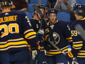 Buffalo Sabres forward Seth Griffith (25) of Wallaceburg celebrates with teammates during the first period of an NHL pre-season game against the Carolina Hurricanes on Monday, Sept. 18, 2017, in Buffalo, N.Y. (JEFFREY T. BARNES/The Associated Press)