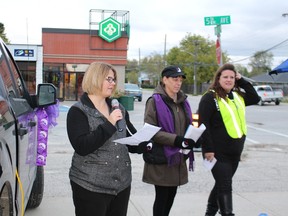 Cheryl Crickard of Cochrane is joined by Nicole Leblanc and Becky Mason of Timmins at the Take Back the Night Walk held last week.