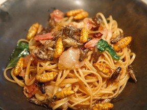 In this Tuesday, Sept. 12, 2017 photo, spaghetti with silkworm and cricket at Inspects in the Backyard restaurant, Bangkok, Thailand. Tucking into insects is nothing new in Thailand, where street vendors pushing carts of fried crickets and buttery silkworms have long fed locals and adventurous tourists alike. But bugs are now fine-dining at the Bangkok bistro aiming to revolutionize views of nature’s least-loved creatures and what you can do with them. (AP Photo/Sakchai Lalit)