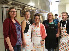 Left to right) Fall Supper Chair Rolanda Beaudette, Teacher Anna Svenungard, Teacher Michelle Wilson and Parent Volunteer Charlene Young who runs the kitchen for the Fall Supper, and St.Jerome’s Vice Principal Sean Whelan.
