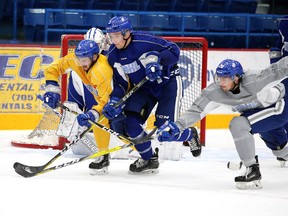 Members of the Sudbury Wolves run through drills during team practice in Sudbury, Ont. on Tuesday, October 3, 2017. The Sudbury Wolves will hit the road this weekend as they make stops in both St. Catharines and Mississauga. Gino Donato/Sudbury Star/Postmedia Network