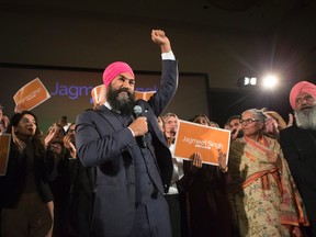 Jagmeet Singh celebrates with supporters after winning the first ballot in the NDP leadership race to be elected the leader of the federal New Democrats in Toronto on Sunday, October 1, 2017. (THE CANADIAN PRESS/Chris Young)