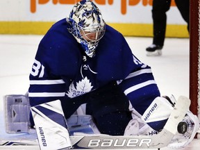 Toronto Maple Leafs goalie Frederik Andersen stops the puck during the second period in Toronto on Sept. 19, 2017. (Veronica Henri/Toronto Sun/Postmedia Network)