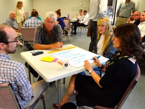 People at the West Elgin Recreation Centre in Rodney, discuss ways they want to see the local economy develop. Their communities will get a boost once the county does away with a tax break allowing people to buy commercial buildings only to leave them empty and flip them for a profit down the road, a problem across rural Ontario. (Louis Pin, Times-Journal)