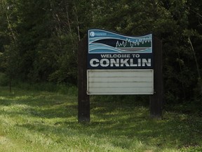 The Welcome to Conklin sign, along Northland Drive, in Conklin, Alta., July 14, 2017. Olivia Condon/ Fort McMurray Today/ Postmedia Network