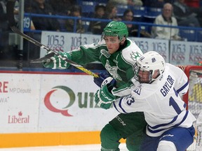 Sudbury Wolves Zack Malik and Cameron Gaylor of the  Mississauga Steelheads battle for position during OHL exhibition action at the Sudbury Community Arena  in Sudbury, Ont. on Tuesday September 5, 2017. Gino Donato/Sudbury Star/Postmedia Network