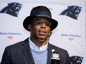 Carolina Panthers quarterback Cam Newton speaks to the media following an NFL game against the New England Patriots on Oct. 1, 2017. (AP Photo/Steven Senne)
