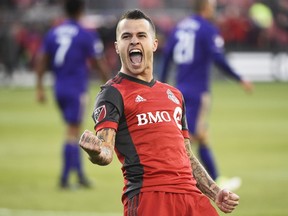 Toronto FC forward Sebastian Giovinco celebrates his goal against Orlando City SC during MLS action in Toronto on May 3, 2017. (THE CANADIAN PRESS/Nathan Denette)