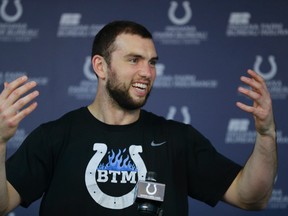 Indianapolis Colts quarterback Andrew Luck during a press conference at the NFL team's practice facility in Indianapolis on Oct. 4, 2017. (AP Photo/Michael Conroy)