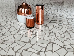Floor and wall tiles in earthy and versatile palettes that mimic the original mixtures come in large and small format slabs. Above is the Marvel Gems collection from Atlas Concorde.