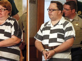 These photos taken May 25, 2017,  show Misty (left) and Marc Ray in the  Dallas County Courthouse in Adel, Iowa. (Bryon Houlgrave/The Des Moines Register via AP)