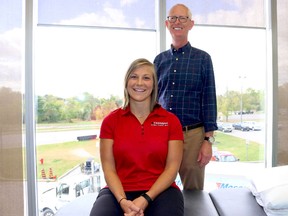 BRUCE BELL/THE INTELLIGENCER
Becky Moynes Meyer is pictured with owner Blair Johnston at Belleville Physiotherapy & Sports Injuries Clinic in the Quinte Sports and Wellness Centre. Moynes Meyer joined the staff as a physiotherapist in September.
