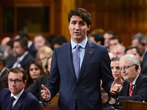 Prime Minister Justin Trudeau stands during question period in the House of Commons on Parliament Hill in Ottawa on Thursday, Oct. 5, 2017. (The Canadian Press)