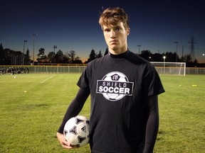 Nick Walker is a third-year defender and captain for the Cambrian Golden Shield men's soccer team, trying to secure a playoff berth during a rebuilding year in 2017-18. Ben Leeson/The Sudbury Star/Postmedia Network