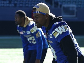 Defensive backs Chris Randle (right) and T.J. Heath patrol the boundary side during Winnipeg Blue Bombers practice on Thurs., Oct. 5, 2017. The Bombers face the Hamilton Tiger-Cats on Friday. Kevin King/Winnipeg Sun/Postmedia Network