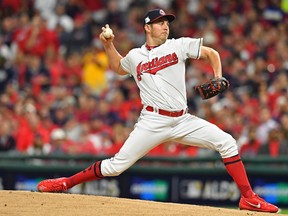 Trevor Bauer of the Cleveland Indians delivers the pitch during the first inning against the New York Yankees during game one of the American League Division Series at Progressive Field on October 5, 2017 in Cleveland, Ohio. (Photo by Jason Miller/Getty Images)