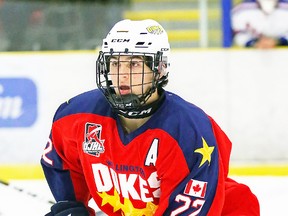 Mitchell Martan scored the tying goal for the Wellington Dukes in a 3-3 Thursday-night saw-off in Kingston. (OJHL Images)