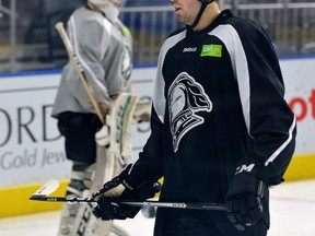 London Knights defenceman Evan Bouchard during practice at Budweiser Gardens on Wednesday, October 4, 2107. (MORRIS LAMONT, The London Free Press)