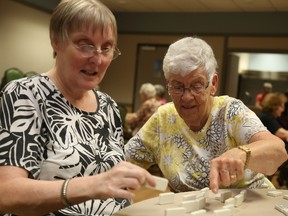 Jason Miller/The Intelligencer
Joyce Fish, (right) is one of the volunteers who deliver meals, provide transportation and activities to people like Susan Bailey, pictured here playing dominoes at the Community Care of South Hastings Bay View Mall location.
